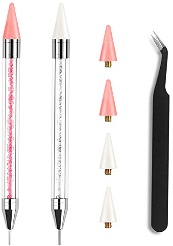 Kaychan Rhinestone Picker Tool 2 Acrylic Handle Rhinestones Applicator Dual-Ended DIY Nail Art Tool with 4 Extra Wax Tips and 1 Tweezer