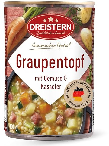 DREISTERN Graupentopf 400g I Mit Gartengemüse & Kasseler I Herzhafter Eintopf in recyclebarer Konservendose I Lange Haltbarkeit dank natürlicher Konservierung I Hausmacher Qualität