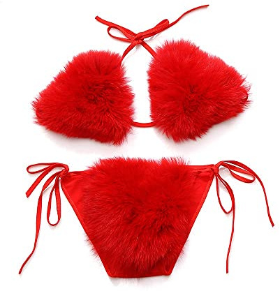 ZOSCGJMY Damen Flauschige Künstliche Fell Pelz Bikini Set Triangel Bikini Zweiteiliger Badeanzug