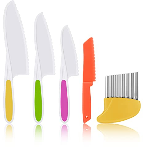 AKlamater 5PCS Kitchen Safety Knives for Kids, Children's Cooking Knives in 4 Sizes, Plastic Cutting Board Grip Serrated Edges for Vegetables Fruits Salad Cake (Orange)