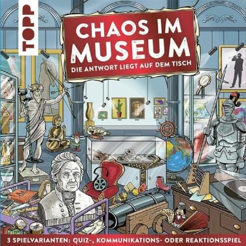TOPP Chaos im Museum - Die Antwort liegt auf dem Tisch. Das Wimmelbild-Quizspiel. 3 Spielvarianten: Quiz-, Kommunikations- und Reaktionsspiel. 2–6 Personen | Ab 6 Jahren | 20–30 Minuten Spielzeit