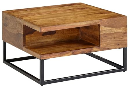 FineBuy Couchtisch 60x60x34,5 cm Sheesham Massivholz mit Stauraum | quadratischer Wohnzimmertisch Industrial mit Metallgestell, Sofatisch aus Echtholz, handgefertigt