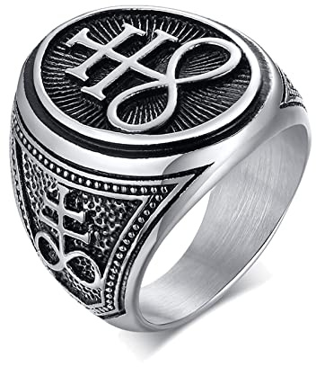 Satanischer Siegelring Herren, Geschenke Edelstahl Siegel des Leviathan Kreuz Symbol Punk Biker Ring für Männer Männer Kirche der Dämon Teufel Satan Ringe, Amulett Schmuck für Männer, Größe 67 (21.3)