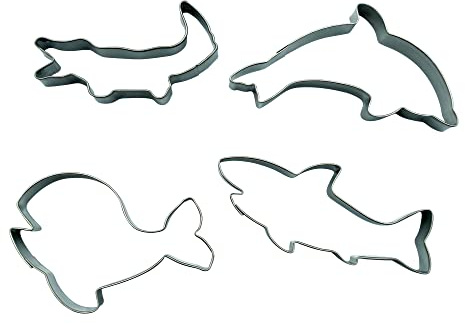 BekkiB - 4er-Set Ausstecher Meerestiere - Ausstecherformen Krokodil, Delfin, Wal und Hai - Aus Edelstahl gefertigt und spülmaschinengeeignet - 3054