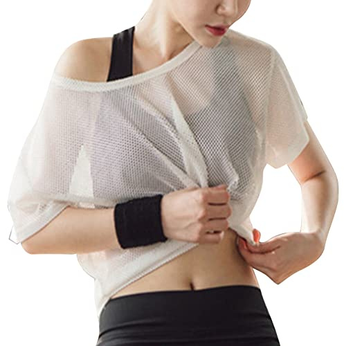 VBESTLIFE Haut de Couverture en , Manches Courtes à Séchage Rapide, Coupe Ample, T-Shirt en pour Femmes, pour l'été, Le Fitness, Le Yoga, Le Cyclisme (Blanc)