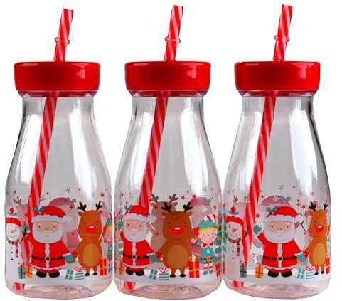 Gem Imports 3 Christmas Novelty Milk Drinking Glass/Bottle With lid And Straw - Santa Elf