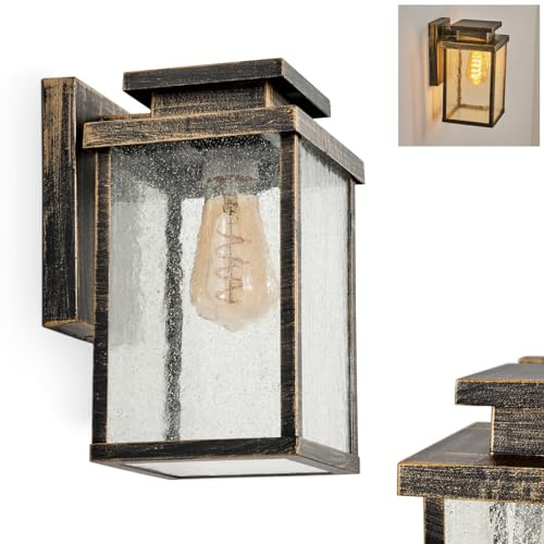 HOFSTEIN Außenwandleuchte Tieva, Außenwandlampe aus Metall/Glas in Braun-Gold/Klar/Luftblasenoptik, Wandleuchte im Industrial/Retro-Design m. Lichteffekt, E27, IP44, Eingangsbereich, Haustür, Terrasse