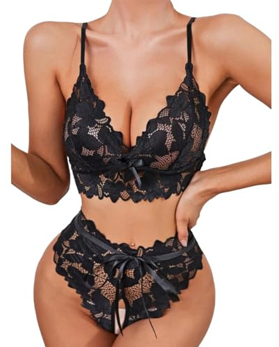 Sexy Lingerie for Women Sets Lace Mesh Suspenders Babydoll Underwear Transparent Tulle Bra with Bow High Waist Crotchless Knickers Pyjamas Outfits for Ladies Carnival Valentines Day (Black, S)