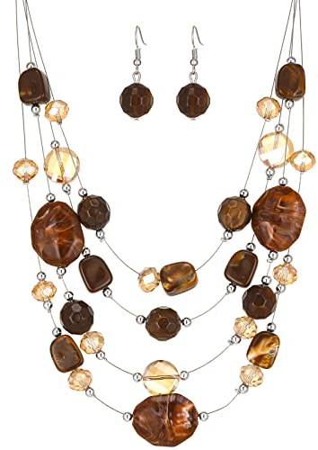 FULU AUTUMN Boho Mehrschichtige Perlenkette Damen Perlen Statement Kette und Ohrringe Set Modeschmuck für Mütter Frau Oma Mode Geschenke