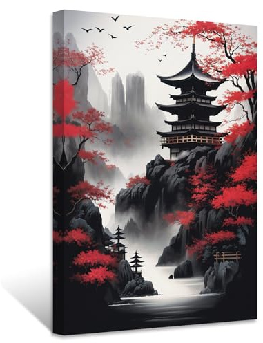 ZXHYWYM Toile murale japonaise - Peinture sur toile de la pagode des cerisiers rouges et noirs - Impression sur toile - Impression sur le thème du Japon - Décoration murale (Picture-2, 40,6 x 61 cm)