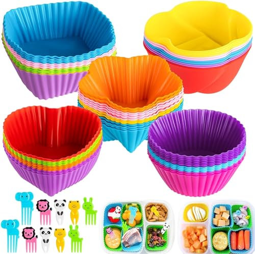 BNJZWJJ 60 Pcs Silicone Lunch Box Dividers, Reusable Silicone Cupcake Liners with Animal Food Picks, Multicolor, Perfect for Parties and Special Occasions, Birthday, Wedding, Christmas
