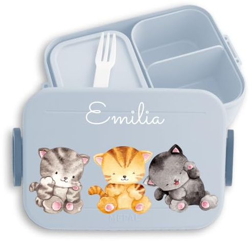 Kinder Bento Box Midi Lunchbox für Mepal Bentobox - Katze - Niedliche Katzen Brotdose Miezekätzchen I Katzenliebe I Katzenfreunde - 900 ml - Hellblau - vesperdose kindergarten dose mädchen cat