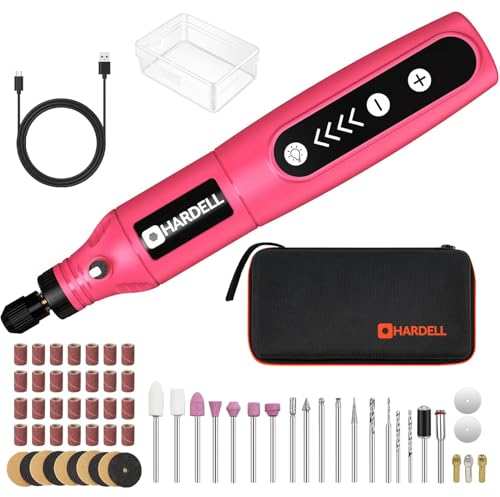 HARDELL 3.7V Mini Amoladora Eléctrica, Herramienta Rotatoria Inalambrica con Luz LED, Mini Amoladora Bateria con 61 Accesorios Para Grabar, Cortar, Lijado, Moler, Pulido, Taladro - Rosa