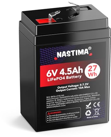 NASTIMA Batterie Rechargeable 6V 4,5Ah LiFePO4 avec Protection BMS | Cycle Profond 2000, adaptée aux Kits de Éclairage Électrique de Secours, Voitures Jouets pour Enfants, Camping