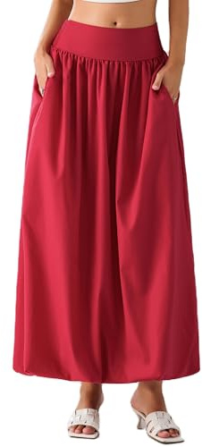 Achlibe Women Summer Bubble Maxi Skirt Casual Elastic Waist Pleated A-Line Long Skirt Beach Balloon Skirt with Lining (A-Red, S)