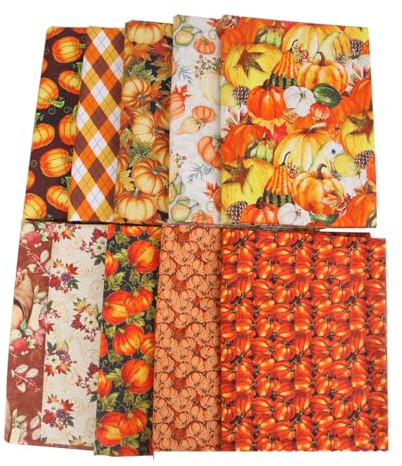 BrightGlow 10 Stück Thanksgiving Patchwork Stoffe 100% Baumwolle Kürbis-Muster-Quilt Stoffe Zum Nähen Fat Quarters Baumwollstoff Herbststoff Quadratisch Halloween-Stoffe DIY Nähstoffe 25 x 25 cm