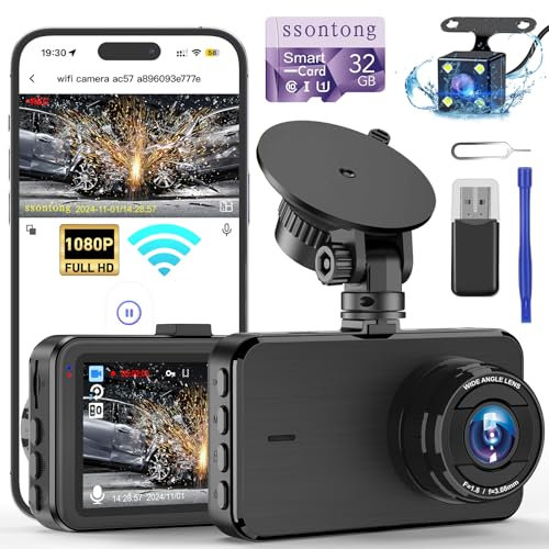 Dash Cam Front and Rear, Dashcam WiFi/App Control 1080P Car Camera Dash Cam, Dual Lens Dashboard Dash Camera for cars w/ 32GB Card,Night Vision,WDR,G-sensor,Loop Recording,Parking Mode,170 Wide Angle