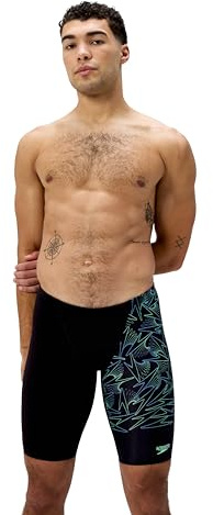 Speedo Men's Hyperboom V-Cut Jammer | Quick Drying | Training | Fitness | Chlorine Resistant, Black/Alfalfa Green, 32