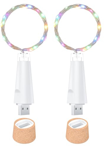 Ceepko USB Flaschenlichter Wiederaufladbar LED Korklichter 20 LEDs Kupferdraht für Weinflaschen Tischdeko Party Hochzeit DIY(Mehrfarbig, 2er-Pack)