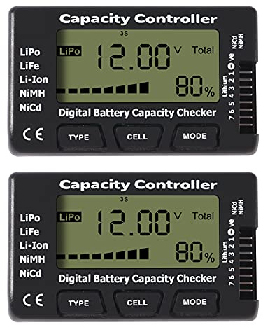 2PACK Digital Batterie Kapazität Checker, Mini Digitaler Batteriekapazitätstester, Batteriekapazität Spannungsprüfer Controller Tester fuer LiPo, LiFe, Li-Ion, NiMH, Nicd, RC Akkus