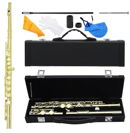 Querflöte 16-Loch Geschlossene Flöte C Weiße Kupferflöte Holzblasinstrument Mit E-Tastenkasten Handschuhen Flötenteilen Und Zubehör(Gold)