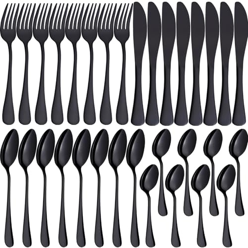 PionStar 32 Pieces Black Cutlery Set, Cutlery Set for 8 People | Stainless Steel Flatware Set Include Knives, Forks, Spoons and Teaspoons, Dishwasher Safe/Mirror Polished