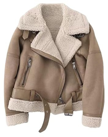 Veste en Cuir Suédé Sherpa pour Femme Veste Aviateur d'hiver en Polaire Chaude Manteau Doublé Sherpa pour Motard Manteau en Cuir Aviateur d'hiver avec Col en Fourrure avec Ceinture Coupe-Vent 01