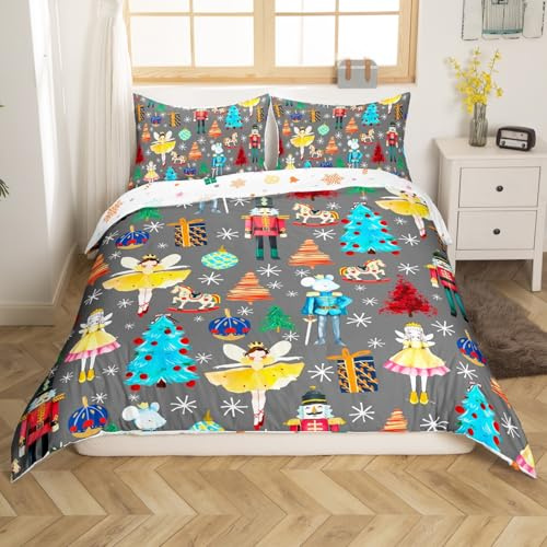 Loussiesd Christmas Nutcracker Bedding Set Super King Kids Ballet Nutcracker Comforter Cover Set for Boys Teens Soldier Prince Mouse Fairy Duvet Cover Breathable Grey Bedspread Room Decor Quilt Cover