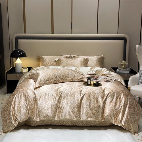TodaFre Beige Duvet Cover Queen Size Set, 3 Pieces Soft Satin Bedding Set - 1 Cashew Pattern Duvet Cover 90x90 Inches with Zipper Closure, 2 Pillowcases