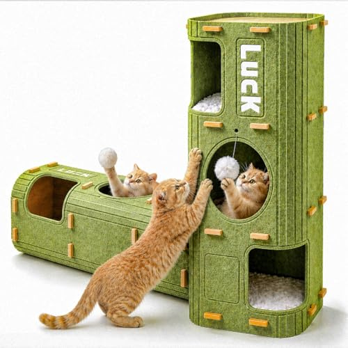 Katzenhöhle aus Filz, 3 Ebenen Katzenhaus Indoor, Katzenhöhle für draußen, Stabiles Katzenbett mit Spielball, zum Schlafen, Spielen und Verstecken (Grün ohne Polster,37 * 37 * 90)
