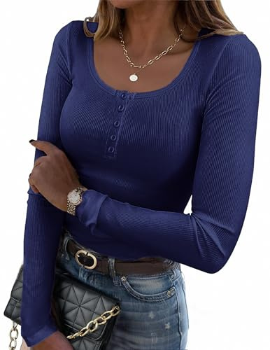 Zeagoo Women's Long Sleeve Tops Henley Neck Ribbed T Shirts Slim Fit Tee | Basic Stretch Tops, Knit Shirt, Fall Winter