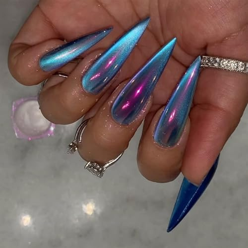 Shimmerz Lot de 24 faux ongles longs à coller sur les ongles artificiels bleus chromés yeux de chat en acrylique brillant