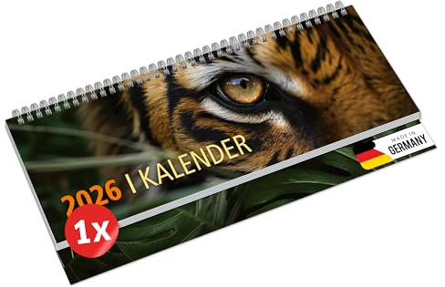 Primus Print Calendrier de bureau 2026 semainier paysage – 64 pages – 297 x 130 mm – Papier naturel 75 g, reliure à spirale, vacances et vacances scolaires – Individuel – Tigre