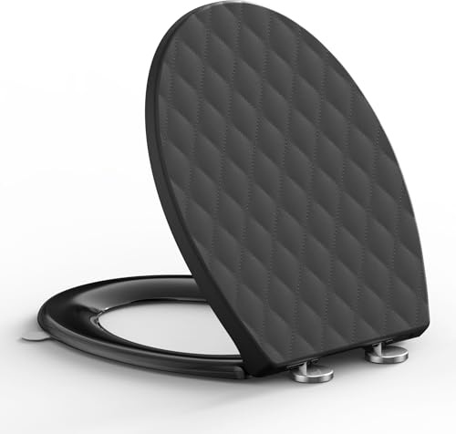 O Shaped Toilet Seat Soft Close,SREWOHS PRO Black PP Loo Seat with Quick Release, Diamond Design WC Seat, Top Fix Easy Install, Anti-Slip Hinges, Universal Fit Bathroom Toilet Seat,44.6 x 37.1 cm