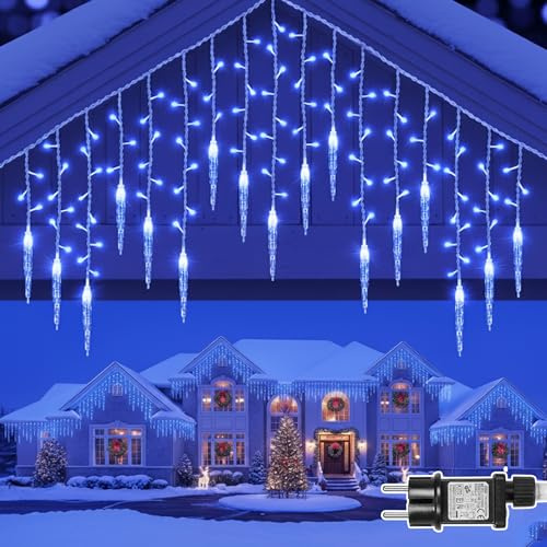 PLODAXE Eiszapfen Lichterkette Außen, 3.5m 96 LED Eiszapfenlichterkette Blau und 5m Strom Kabel mit Timer Anschließbar 8 Modi Speicher, IP44 für Balkon Geländer Traufe Dach Weihnachtsdeko