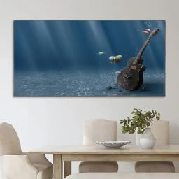 LMAIWANG Poster con stampa su tela estetica in stile fresco, dipinto di chitarra sotto il mare, arte murale su tela, opera d'arte dipinta a mano per bambini (70x140 cm/senza cornice)