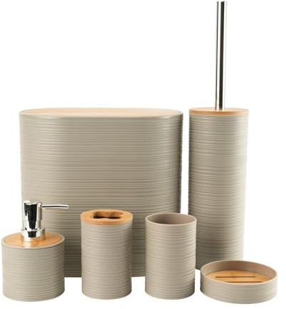 Juego de Accesorios de Baño 6 Piezas Plástico y Bambú Moderno de Artículos Esenciales para el Baño, Incluye Soporte para Cepillo de Dientes, Cubo de Basura, Escobilla y Dispensador de Jabón (Beige)