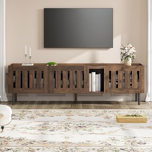 Armoire TV en noyer 160 cm pour téléviseur jusqu'à 65 , meuble bas avec portes à lamelles, meuble TV vintage pour salon, meuble phono aspect bois et buffet rétro