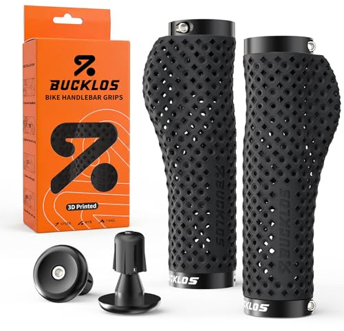 BUCKLOS GR820 3D Printed Bike Handlebar Grips, Double Lock-on MTB Ergonomic Grips with Aluminum End Plugs, TPU Non-Slip Waterproof Bicycle Grips for Mountain Bike, BMX, Scooter, Folding Bike（Black）