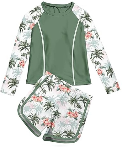 Generisch Rashguard - Bañador de verano para niña, 2 piezas, UPF 50+, verde, 7-8 años
