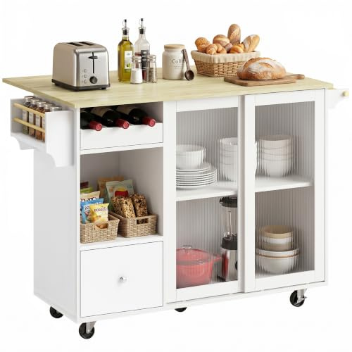 HOMCOM Isla de Cocina con Encimera Abatible, Botellero, Blanco y Roble