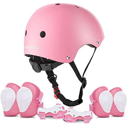 ValueTalks Protezione di Casco Bambini, Ginocchiere Gomitiere e Protezione Polso per Pattini a Rotella,Skateboard, Bicicletta, Hoverboard e Altri Sport Estremi(Pink)