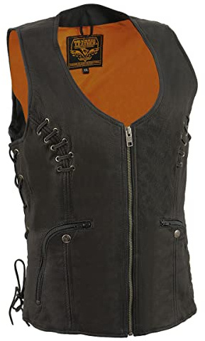 Milwaukee Leather Women's Classic V-Neck Black Leather Motorcycle Rider Vest w/Adjustable Side Laces MLL4575 - Large