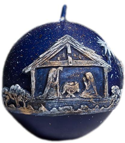 RAK Kerze Deko Kugelkerze dunkelblau Bethlehem Krippe 100 mm 430 g/40 h Relief 05599 Wachs Unparfümiert
