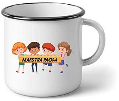 bubbleshirt Tazza in Alluminio Maestra Personalizzabile con Nome della maestra - Bambini Felici - Idea Regalo fine Anno scolatisco