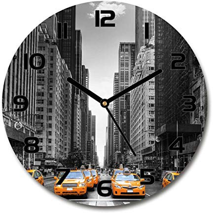 Tulup Glasuhr ⌀ 30cm - Schwarze Zeigern - Wanduhr Wandkunst Bild Gehärtetem Glas Uhr Echtglas Küche Wohnzimmer - Taxis New York