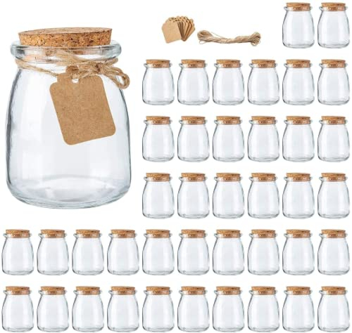 Brajttt Lot de 40 mini bocaux à yaourt en verre avec couvercles en liège, pots à pudding avec couvercles, bocaux Mason pour dragées de mariage, miel, étiquettes et ficelle
