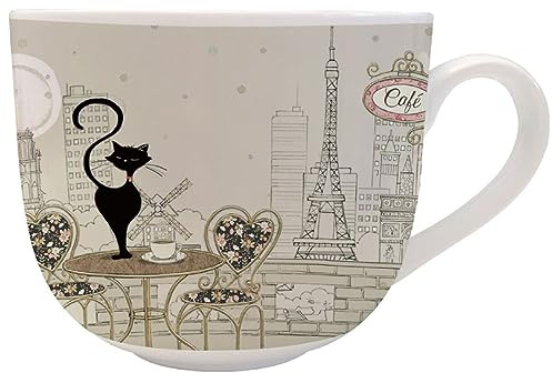KIUB - Grand bol Paris Tour eiffel avec une anse - Motif Paris Café avec un chat - matière porcelaine fine - contenance 670ML