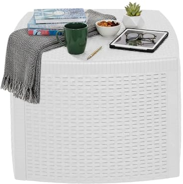 Dmora - Tavolino da Esterno Faenza, Tavolino Contenitore, Tavolo Basso Effetto Rattan, 100% Made in Italy, Cm 53x53h40, Bianco