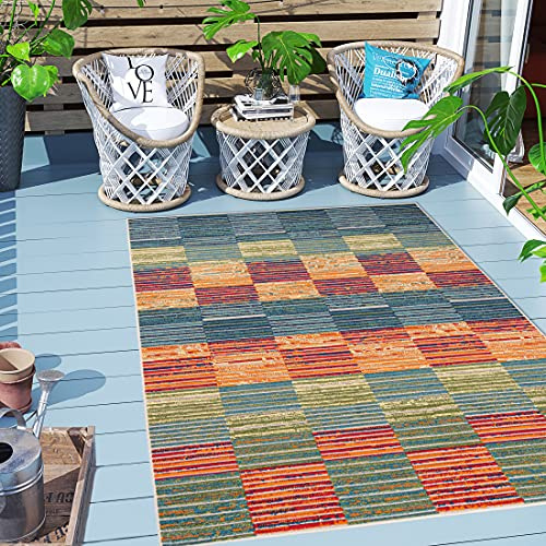 Carpeto Rugs Streifenmuster Outdoor Teppich Wetterfest für Balkon, Terasse - Balkon Teppich Wasserfest - Outdoorteppich Wetterfest - Aussenteppich Terrasse Groß - Mehrfarbig Bunt 1-120 x 170 cm
